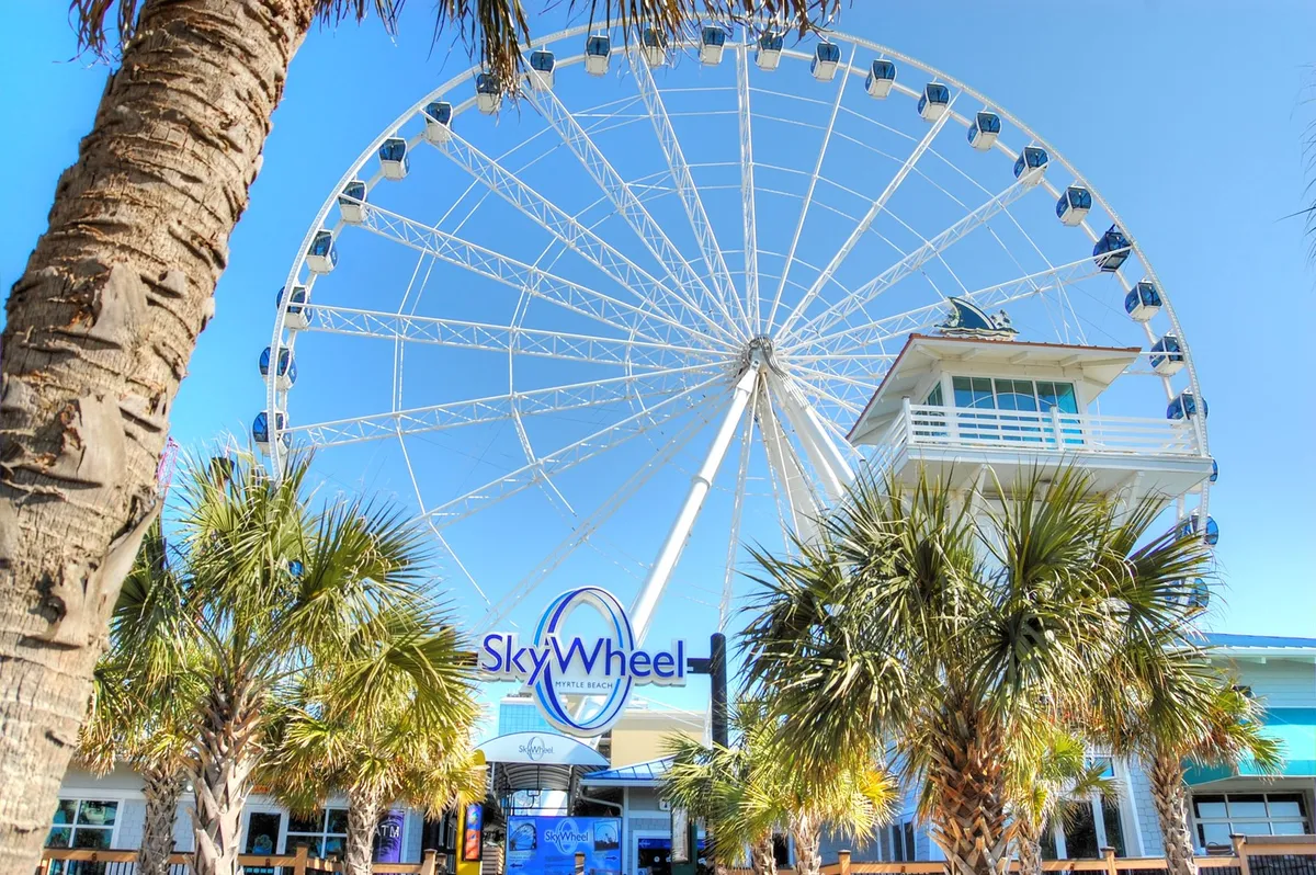 The image shows the iconic Myrtle Beach SkyWheel surrounded by palm trees, with clear entrance signage and visitors nearby. The overall mood is joyful and energetic, emphasizing the excitement of exploring local attractions.