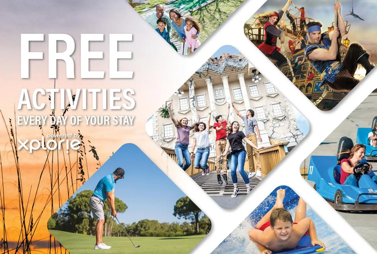 A collage-style interior showing a family enjoying various activities such as swimming, golfing, amusement park rides, and exploring attractions, all in bright, lively settings.